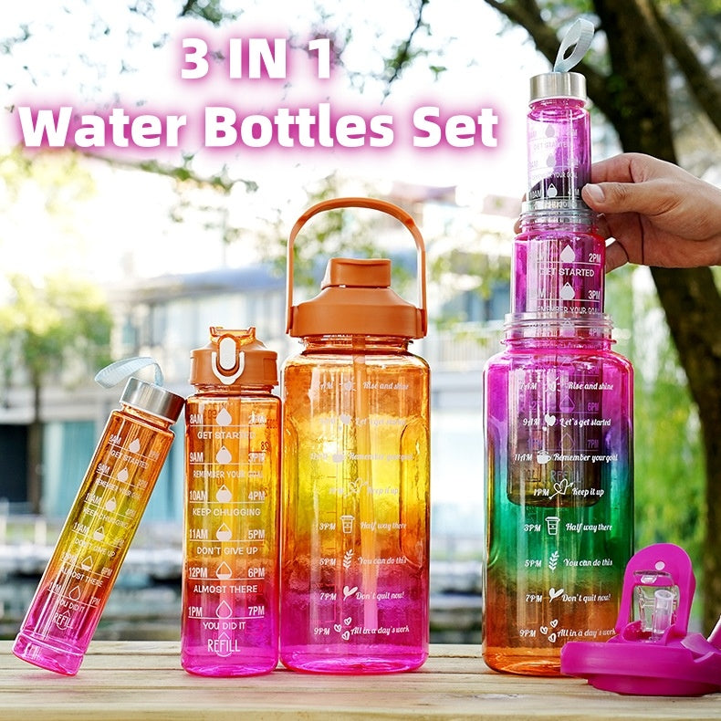 3-in-1 Gradient Color Motivational Water Bottles Set – 64oz/32oz/15oz BPA-Free Sports Bottles with Straw & Phone Holder
