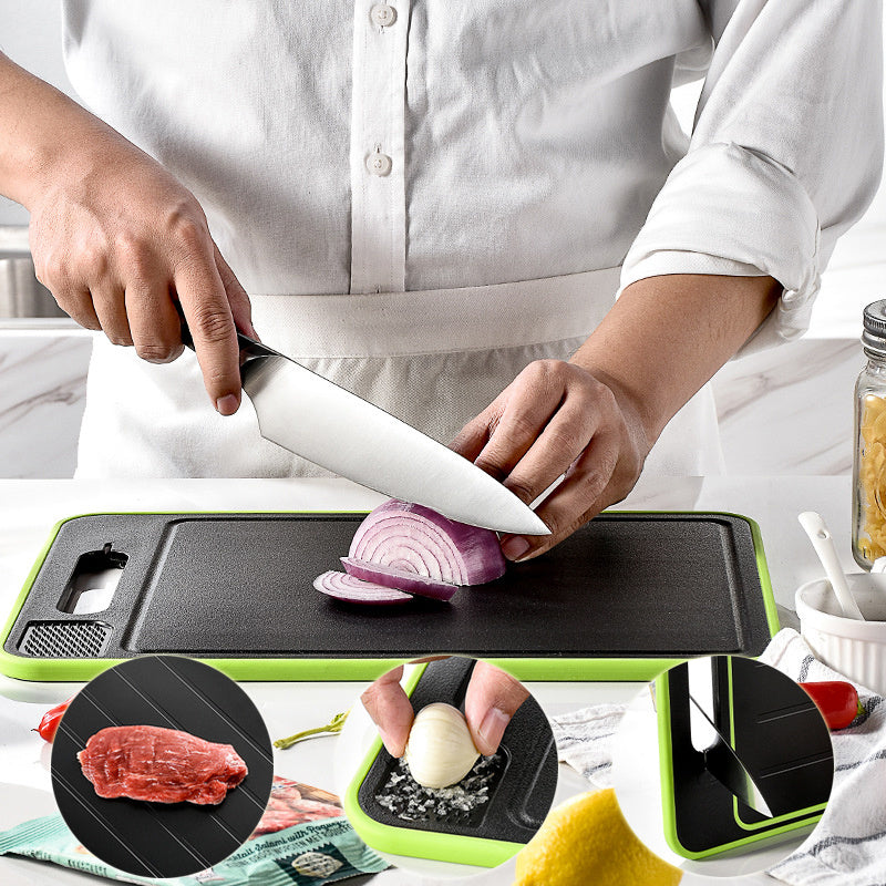 Double-Sided Cutting Board with Defrosting Tray & Knife Sharpener – Garlic Grinder & Hanging Storage