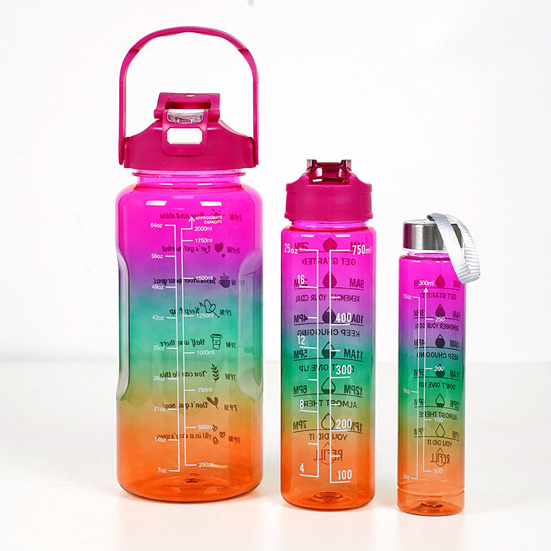 3-in-1 Gradient Color Motivational Water Bottles Set – 64oz/32oz/15oz BPA-Free Sports Bottles with Straw & Phone Holder