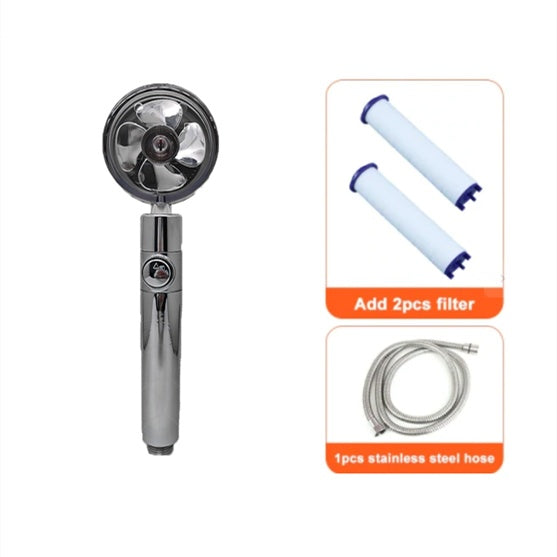 Water-Saving 360° Rotating Shower Head with High-Pressure Spray & Built-in Fan – ABS Chrome Bathroom Accessory